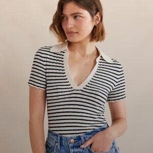 BODEN Ribbed Pointelle Collared Top Ivory, Navy Stripe Women